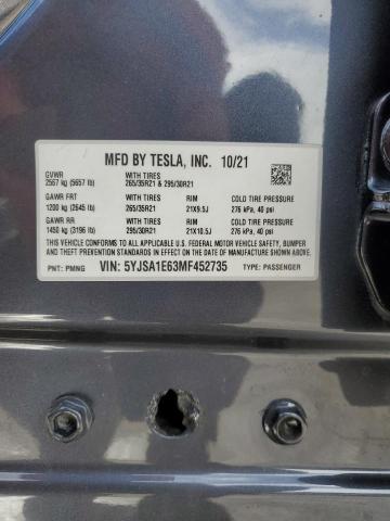 5YJSA1E63MF452735 - 2021 TESLA MODEL S GRAY photo 12