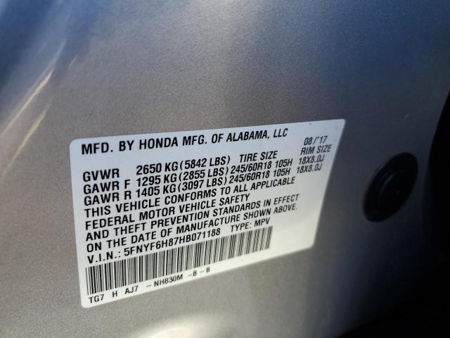 5FNYF6H87HB071188 - 2017 HONDA PILOT EXL SILVER photo 12