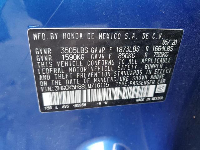 3HGGK5H88LM716115 - 2020 HONDA FIT EX BLUE photo 12