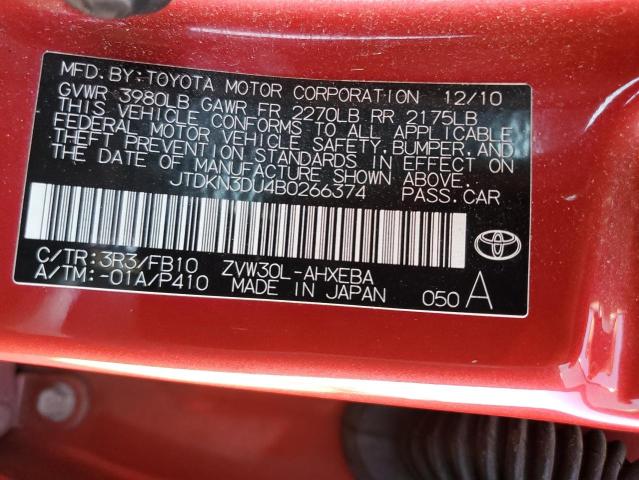 JTDKN3DU4B0266374 - 2011 TOYOTA PRIUS RED photo 12