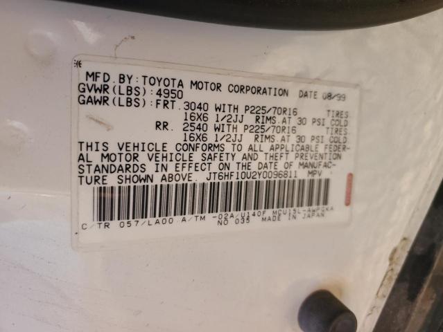 JT6HF10U2Y0096811 - 2000 LEXUS RX 300 WHITE photo 14