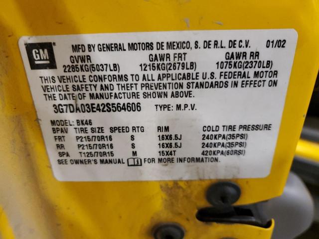 3G7DA03E42S564606 - 2002 PONTIAC AZTEK YELLOW photo 13