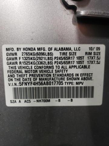 5FNYF4H56AB017705 - 2010 HONDA PILOT EXL SILVER photo 13