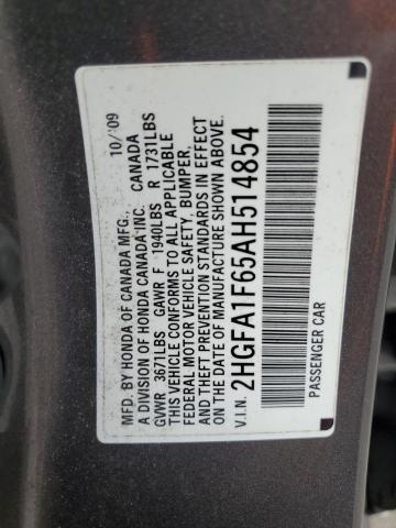 2HGFA1F65AH514854 - 2010 HONDA CIVIC LX-S رمادي صورة 12