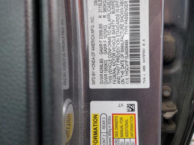 1HGCV1F15JA006488 - 2018 HONDA ACCORD LX GRAY photo 12