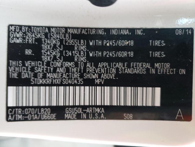 5TDKKRFHXFS040435 - 2015 TOYOTA HIGHLANDER XLE WHITE photo 14