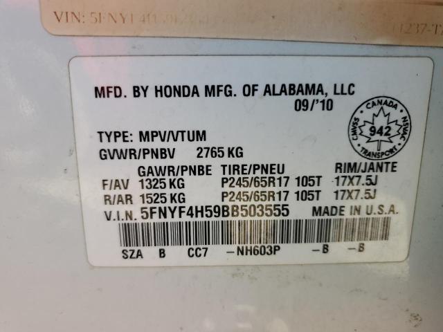 5FNYF4H59BB503555 - 2011 HONDA PILOT EXL WHITE photo 13