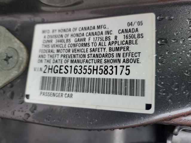 2HGES16355H583175 - 2005 HONDA CIVIC DX VP GRAY photo 12