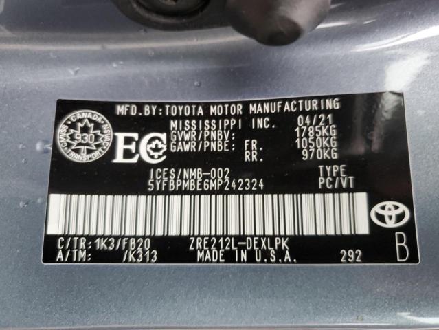 5YFBPMBE6MP242324 - 2021 TOYOTA COROLLA LE BLUE photo 12