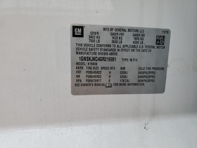 1GNSKJKC4GR216981 - 2016 CHEVROLET SUBURBAN K1500 LTZ WHITE photo 12