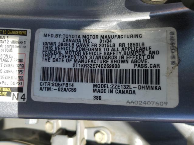 2T1KR32E74C269908 - 2004 TOYOTA COROLLA MA XR BLUE photo 12