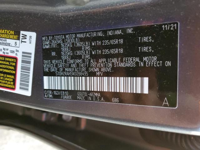 5TDHZRAH5NS098495 - 2022 TOYOTA HIGHLANDER XLE 石墨色 照片 13