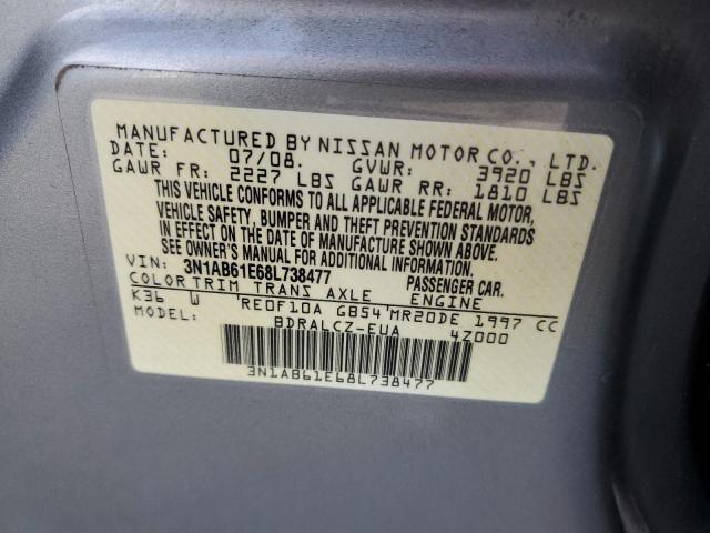 3N1AB61E68L738477 - 2008 NISSAN SENTRA 2.0 SILVER photo 12