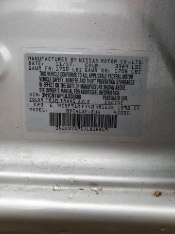 3N1CN7AP1JL838869 - 2018 NISSAN VERSA S SILVER photo 12