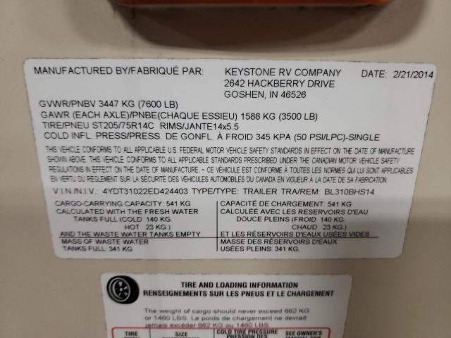 4YDT31022ED424403 - 2014 KEYSTONE BULLET TAN photo 10