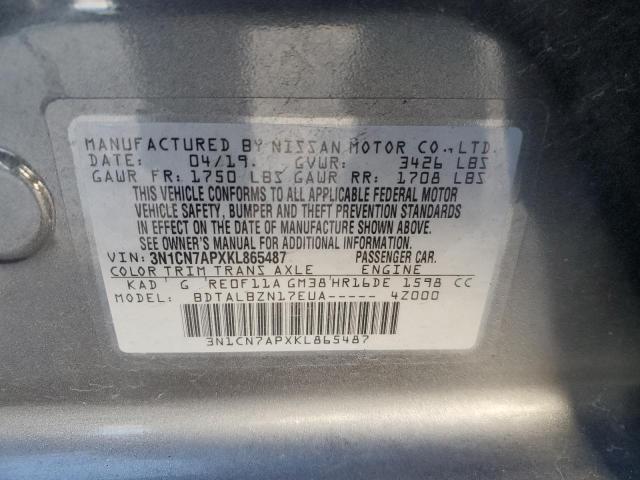 3N1CN7APXKL865487 - 2019 NISSAN VERSA S GRAY photo 12