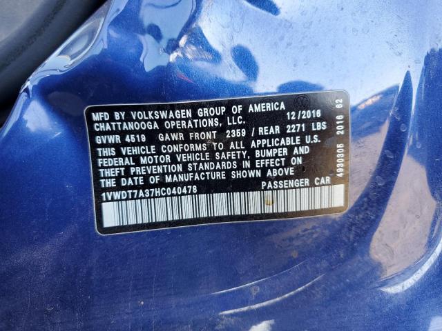 1VWDT7A37HC040478 - 2017 VOLKSWAGEN PASSAT R-LINE Blau Foto 12