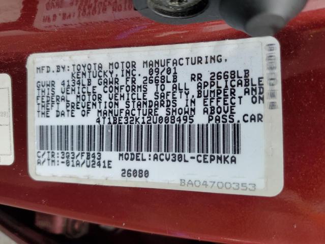 4T1BE32K12U008495 - 2002 TOYOTA CAMRY LE MAROON photo 12