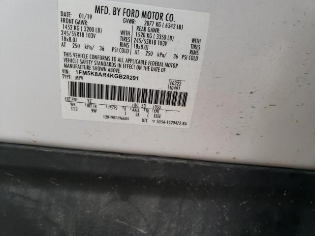 1FM5K8AR4KGB28291 - 2019 FORD EXPLORER POLICE INTERCEPTOR 白色 照片 12