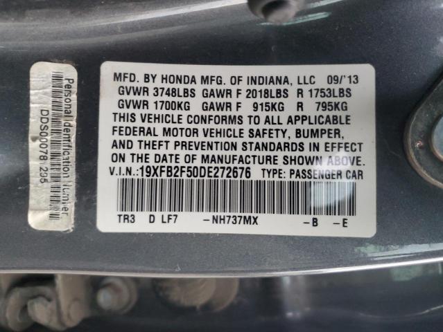 19XFB2F50DE272676 - 2013 HONDA CIVIC LX GRAY photo 12