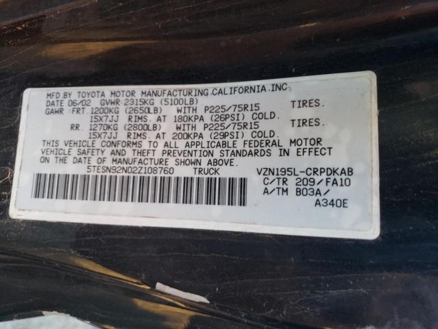 5TESN92N02Z108760 - 2002 TOYOTA TACOMA XTRACAB PRERUNNER 黑色 照片 12