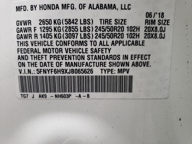 5FNYF6H9XJB065626 - 2018 HONDA PILOT TOURING WHITE photo 13