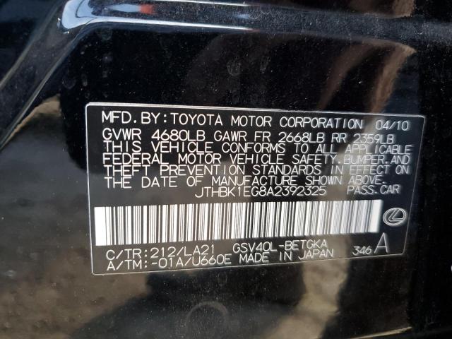 JTHBK1EG8A2392325 - 2010 LEXUS ES 350 BLACK photo 12