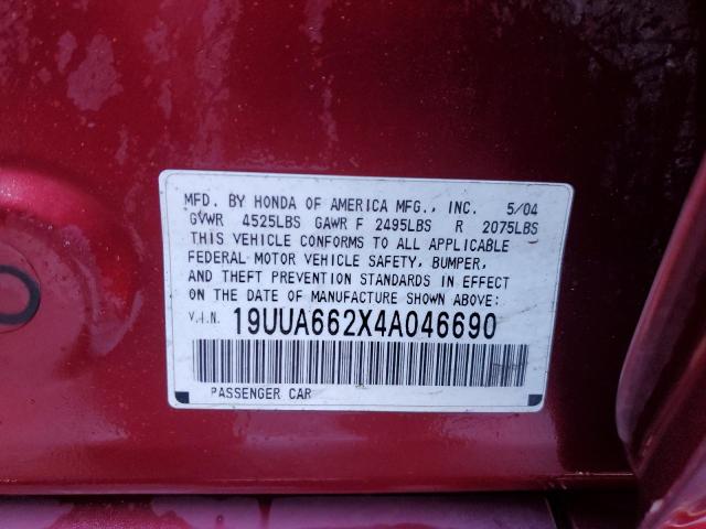 19UUA662X4A046690 - 2004 ACURA TL MAROON photo 12