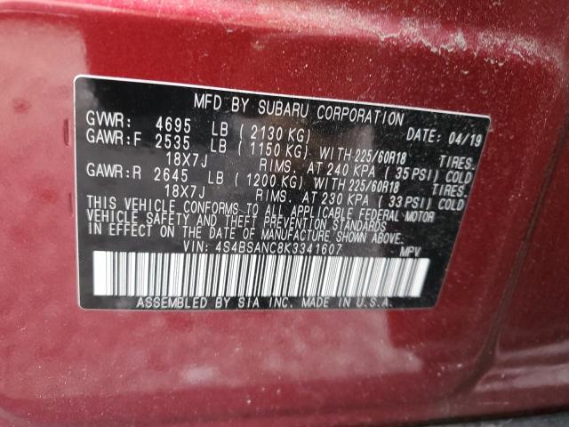 4S4BSANC8K3341607 - 2019 SUBARU OUTBACK 2.5I LIMITED BURGUNDY photo 13