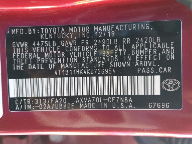 4T1B11HK4KU726954 - 2019 TOYOTA CAMRY L MAROON photo 13