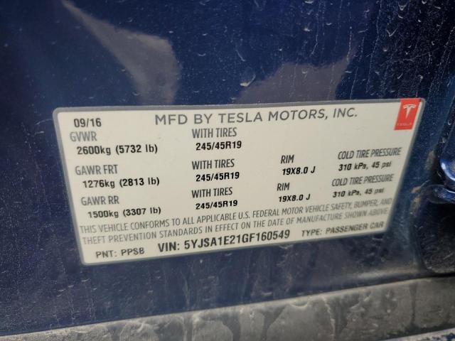 5YJSA1E21GF160549 - 2016 TESLA MODEL S BLUE photo 13
