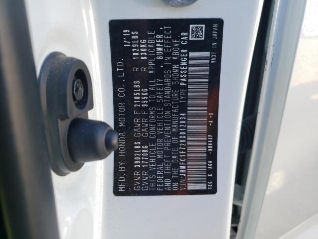 JHMFC1F72KX012834 - 2019 HONDA CIVIC EXL თეთრი ფოტო 13