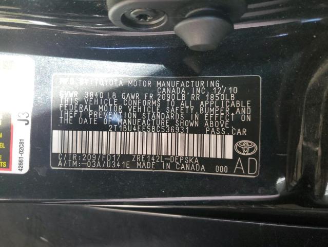 2T1BU4EE5BC536931 - 2011 TOYOTA COROLLA BASE GRAY photo 12