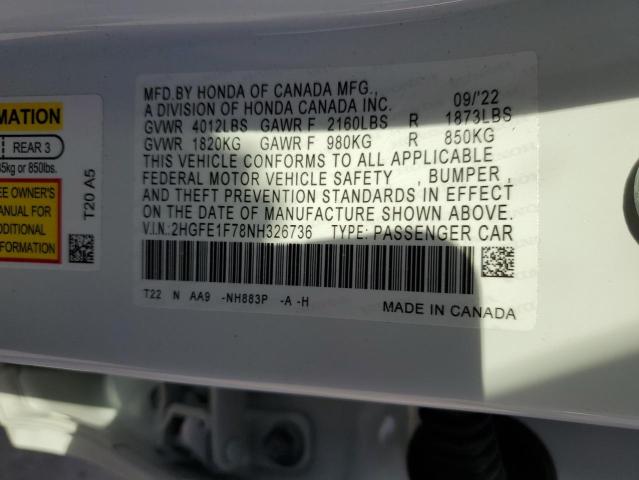 2HGFE1F78NH326736 - 2022 HONDA CIVIC EX WHITE photo 12