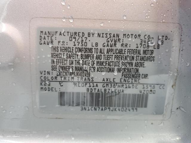 3N1CN7AP9JK402499 - 2018 NISSAN VERSA S SILVER photo 12