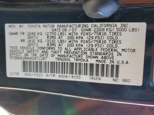 5TENX62N48Z471187 - 2008 TOYOTA TACOMA PRERUNNER BLACK photo 12