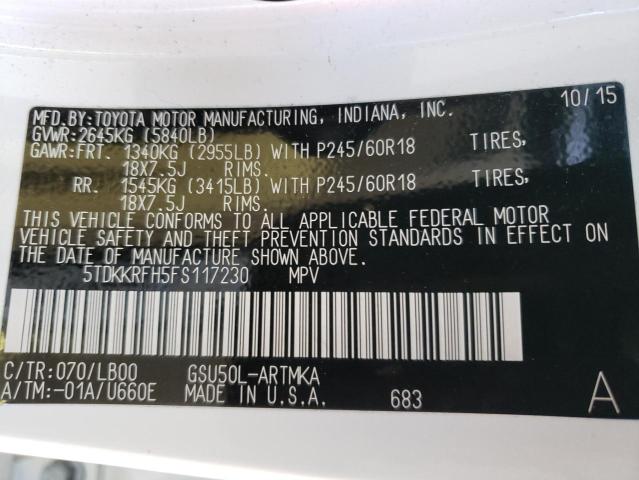 5TDKKRFH5FS117230 - 2015 TOYOTA HIGHLANDER XLE WHITE photo 13