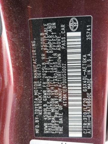 4T1BK1EB7DU053002 - 2013 TOYOTA AVALON BASE 勃艮第红 照片 12