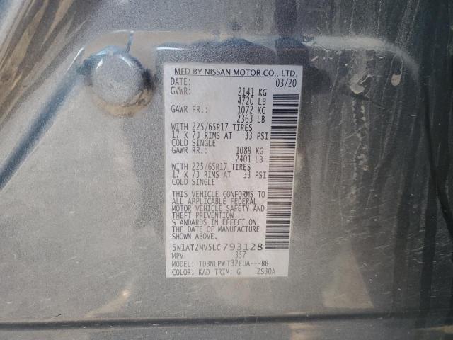 5N1AT2MV5LC793128 - 2020 NISSAN ROGUE S GRAY photo 12