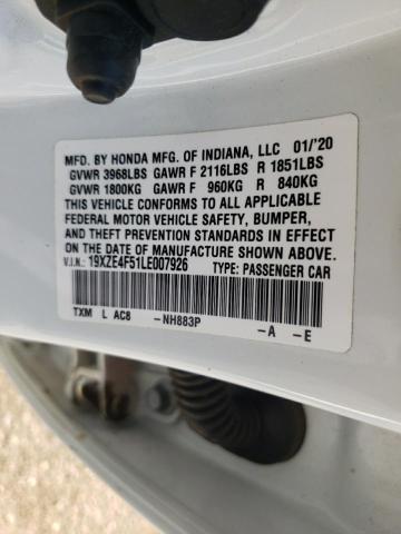 19XZE4F51LE007926 - 2020 HONDA INSIGHT EX WHITE photo 12