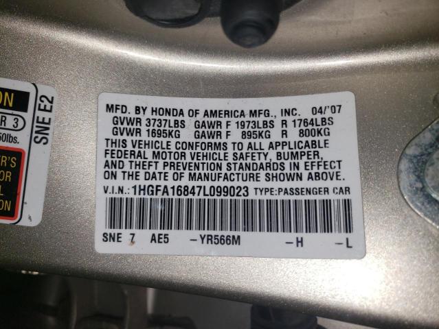 1HGFA16847L099023 - 2007 HONDA CIVIC EX TAN photo 12