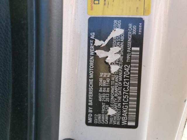 WBAKG1C57CJ217042 - 2012 BMW 335 I SULEV WHITE photo 12