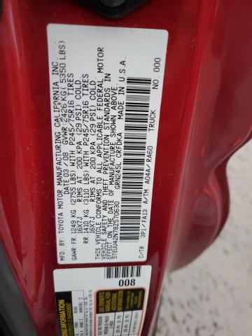 5TEUU42N78Z570630 - 2008 TOYOTA TACOMA ACCESS CAB Қызыл фото 12