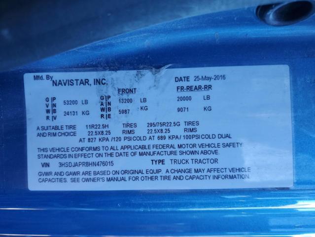 3HSDJAPR8HN476015 - 2017 INTERNATIONAL PROSTAR BLUE photo 10