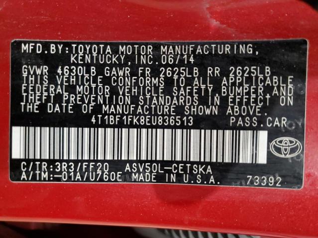 4T1BF1FK8EU836513 - 2014 TOYOTA CAMRY L RED photo 12