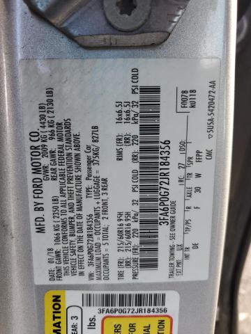 3FA6P0G72JR184356 - 2018 FORD FUSION S SILVER photo 12