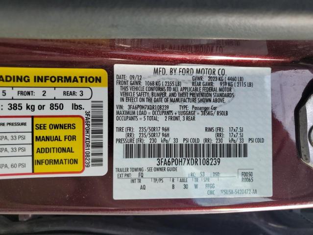 3FA6P0H7XDR108239 - 2013 FORD FUSION SE PURPLE photo 13