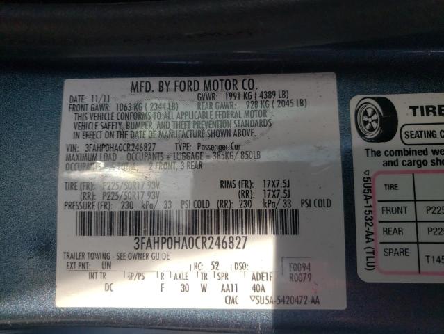 3FAHP0HA0CR246827 - 2012 FORD FUSION SE BLUE photo 12