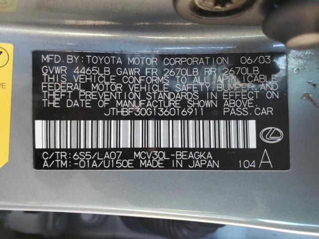 JTHBF30G136016911 - 2003 LEXUS ES 300 GRAY photo 12