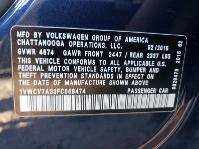 1VWCV7A33FC068474 - 2015 VOLKSWAGEN PASSAT SEL BLUE photo 12